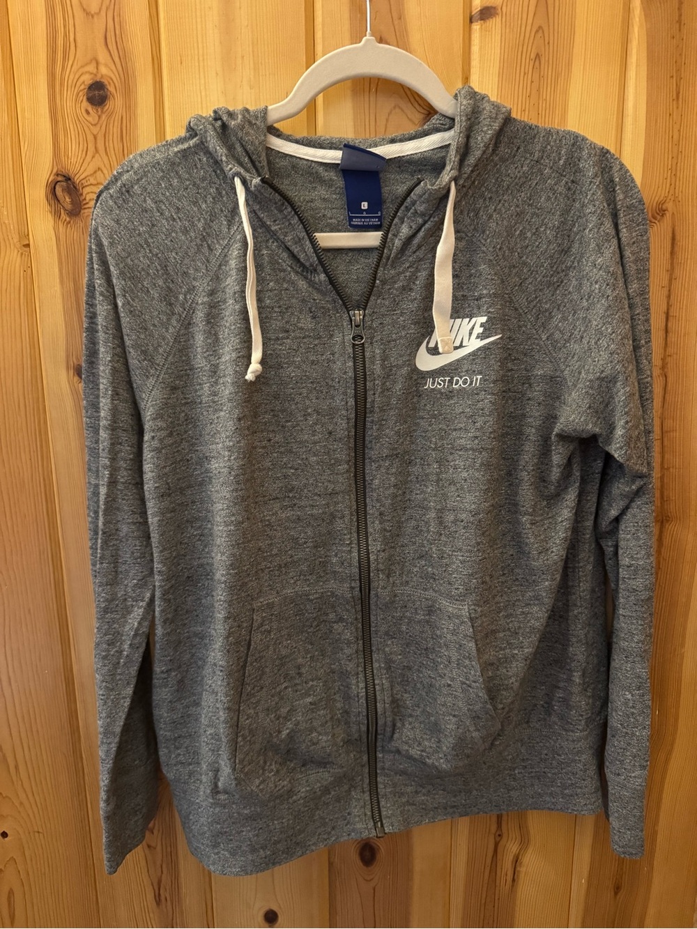Nike Gray Zip Hoodie with White Logo and Drawstrings